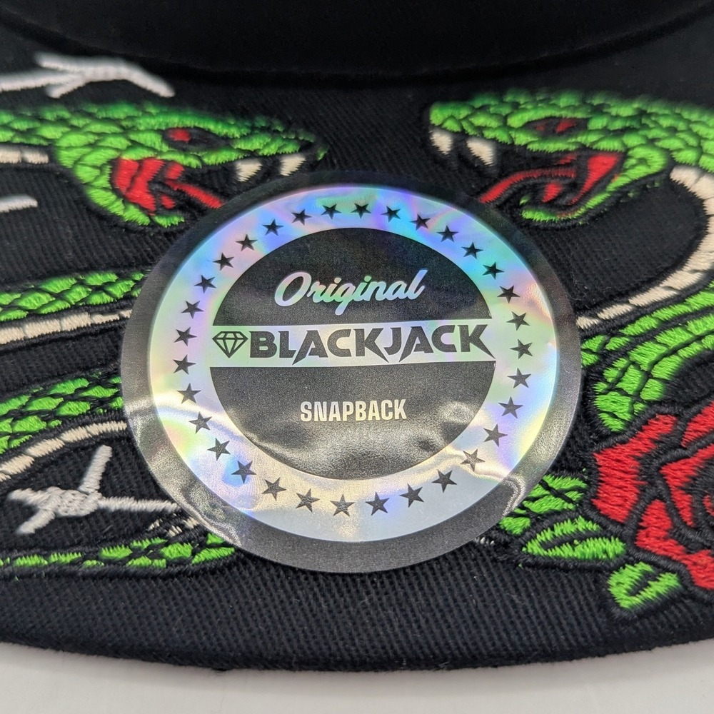 Blackjack Trust No 1 Snapback Hat Black Snake Rose Barbed Wire Flat Brim Cap - Picture 4 of 12